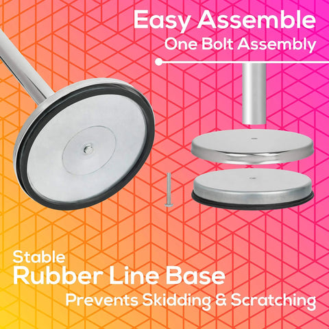 Heavy Duty Crowd Control Stanchions With 6.5 Foot Retractable Belts, stainless steel base and assembly components on colorful background