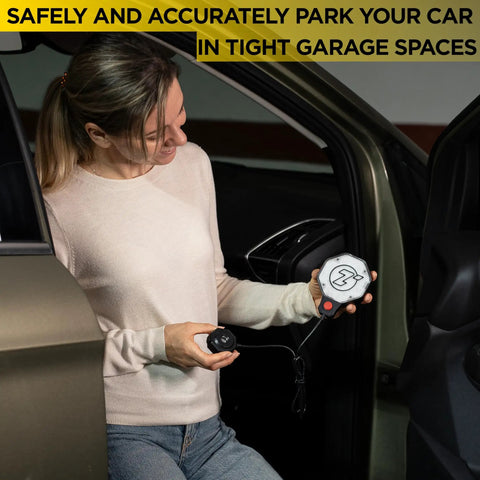 Woman demonstrating Ultrasonic Garage Parking Sensor With LED Indicators Red Yellow Green, in car for perfect parking guidance.
