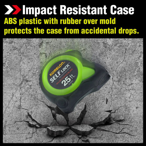 Self Locking 25 Foot Power Tape Measure With Nylon Coated Blade, Impact Resistant ABS Case in cracked surface image