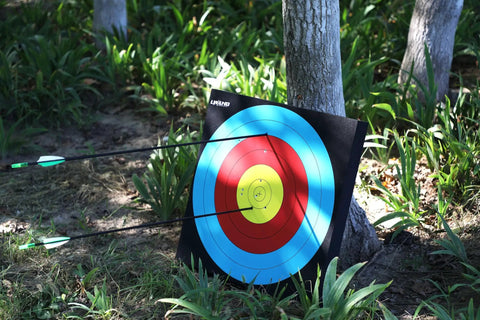 Backyard Archery Target in 20x20x2 Inch High Density EVA Foam leaning against a tree with arrows in a colorful bullseye.