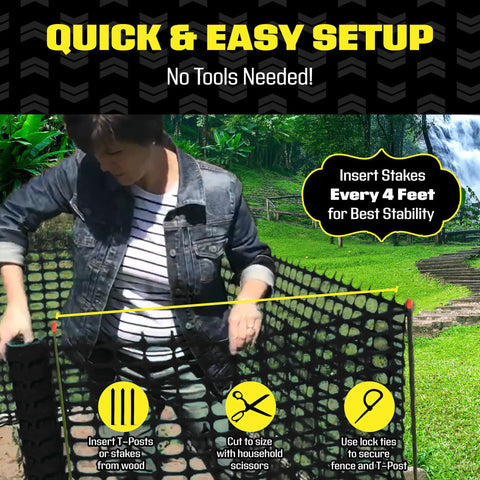 Person setting up 4 Foot By 100 Foot Black Temporary Fencing Mesh Snow Fence Made From Durable Plastic Safe Garden Netting