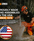 Person using a chainsaw to cut wood outdoors, showcasing Granberg International's slogan about USA manufacturing since 1970.