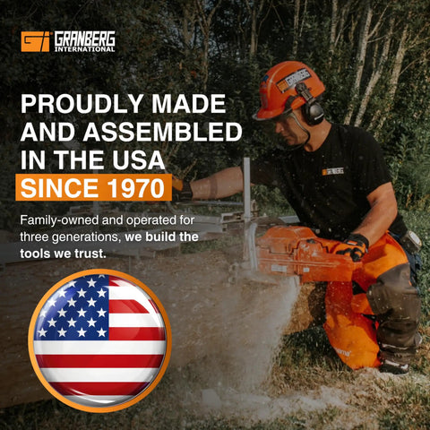 Person using a chainsaw to cut wood outdoors, showcasing Granberg International's slogan about USA manufacturing since 1970.