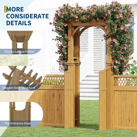 Wooden Garden Arbor With Gate And Trellis For Climbing Plants And Plant Stand Outdoor Arch Trellis Yard Decor Perfect For A Chill And Welcoming Backyard Entryway Easy Install with elegant arch and lattice fence detail