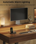 Height Adjustable Electric Standing Desk With Flip Top Hidden Storage And Handleless Drawers Featuring Motion Sensor LED Light For A Clean Workspace That Keeps Your Hustle Tight And Organized with automatic warm lighting.