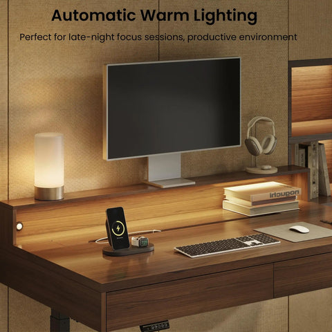 Height Adjustable Electric Standing Desk With Flip Top Hidden Storage And Handleless Drawers Featuring Motion Sensor LED Light For A Clean Workspace That Keeps Your Hustle Tight And Organized with automatic warm lighting.