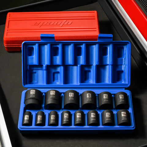 1/2 Inch Drive Shallow Impact Socket Set 14 Piece, 6 Point SAE Sockets From 3/8 To 1-1/4 Inch in blue and red cases