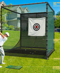 Movable 10x10x10 Ft Golf Cage With Ball Return Net And Wheels, Metal Frame With Rubber Hose, golfer practicing in backyard