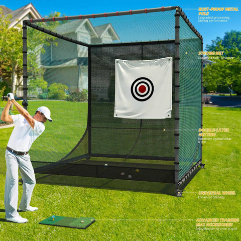 Movable 10x10x10 Ft Golf Cage With Ball Return Net And Wheels, Metal Frame With Rubber Hose, golfer practicing in backyard