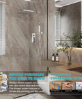 Bathroom with Brushed Nickel Shower System With 10 Inch Rain Showerhead, Handheld Spray, mounted over sink, highlighted piping