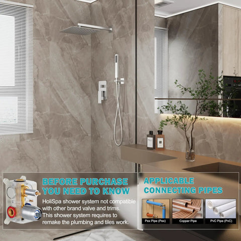 Bathroom with Brushed Nickel Shower System With 10 Inch Rain Showerhead, Handheld Spray, mounted over sink, highlighted piping