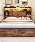 Queen Farmhouse Bed Frame In Rustic Brown Features Four Deep Drawer Storage And Open Bookshelf Headboard With Smart Led Lights Plus Dual Usb Charging Port Backed By Sturdy Metal Slats To Skip Box Springs For Real Zero Hustle Setup, front view with drawers and lights.