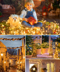 Collage featuring Solar Powered Outdoor String Lights 40 Ft 100 LED With 8 Lighting Modes IP65 Waterproof Warm White used in decor.