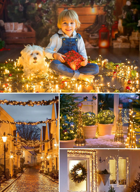 Collage featuring Solar Powered Outdoor String Lights 40 Ft 100 LED With 8 Lighting Modes IP65 Waterproof Warm White used in decor.