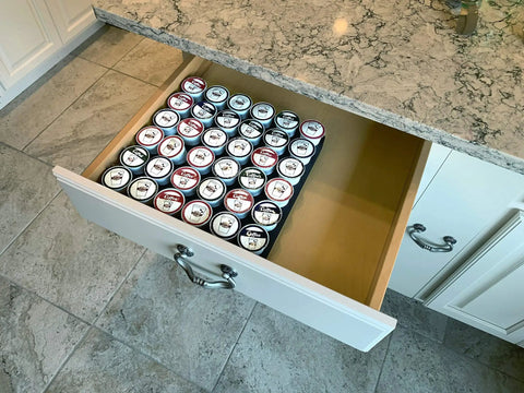 Open drawer with Ultra Slim Keurig K Cup Pod Organizer Tray For Kitchen And Office No Mess Waterproof holding 36 pods.