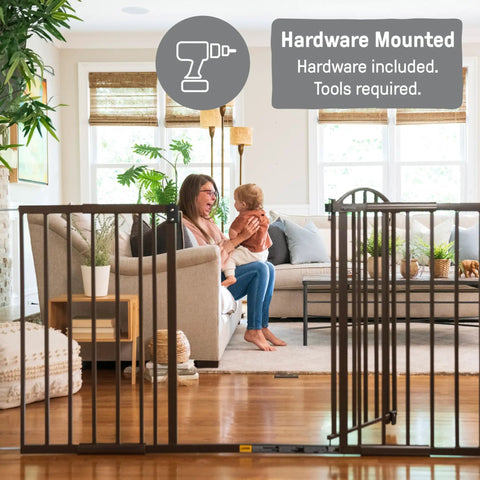 Extra Wide Baby Gate And Dog Gate For Hallways And Large Openings, Fits 44 To 72 Inch Openings, 36 Inch Tall, Hardware Mounted, Sturdy Bronze Finish Safety Gate For Pets And Kids shown in use with family