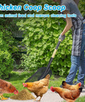 Person using Beast Sand Sifter Shovel With Dense Hole Square Head And Wooden Handle For Beach Cleanup And Shell Separation around chickens.