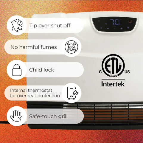 WiFi Infrared Wall Mounted Heater With Remote Touchscreen Digital Thermostat Tip Over Safety Shut Off Space Saving Wall Mount For Bedrooms And Kitchens Keeps Your Space Cozy And Warm with safety features visible
