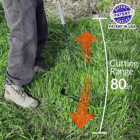 Double Edged Serrated Grass Cutter With 8 Inch Steel Blade And 22 Inch Soft Rubber Handle in use, showing 80-inch cutting range