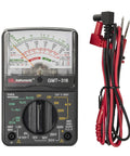 GMT 318 Analog Multimeter With Six Functions And Fourteen Ranges Reads AC And DC Volts Up To 500V next to red test leads