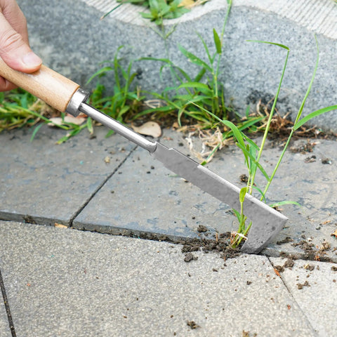 3 Pack Pro Grade Stainless Steel Weed Puller Tools Set with L Shaped Crack Sickle removing weeds from paving crack