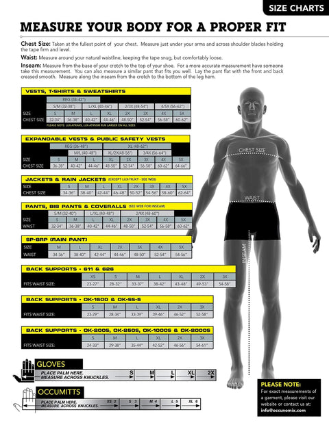Size chart and guide for measuring body for proper fit with diagrams and measurement tips for various clothing items.
