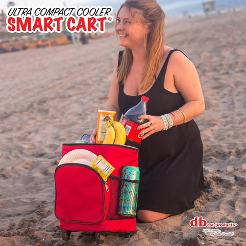 Woman using Ultra Compact Cooler Smart Cart Red Insulated Collapsible Rolling Tote For Tailgate BBQ Beach And Summer Trips Lightweight