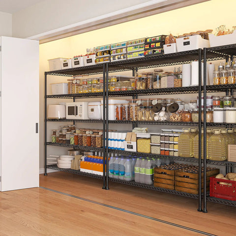 Beefy Heavy Duty Five Tier Metal Storage Shelving Unit 45.5 Inch Wide With Open Sides For Kitchen Garage And Retail Use Large Capacity Stable Steel Construction Easy Assembly Perfect For Tools And Gear, loaded in pantry