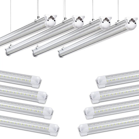 Set of 8Pack 4Ft LED Shop Lights, 50W Each, 5000K Daylight White, linkable, hanging and surface mount options shown.