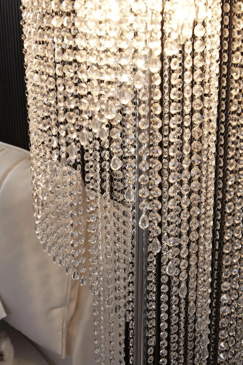 Crystal Floor Lamp With Rainfall Sparkle, Modern Lava Style Light for Living Room, showing sparkling crystal strings in silver finish
