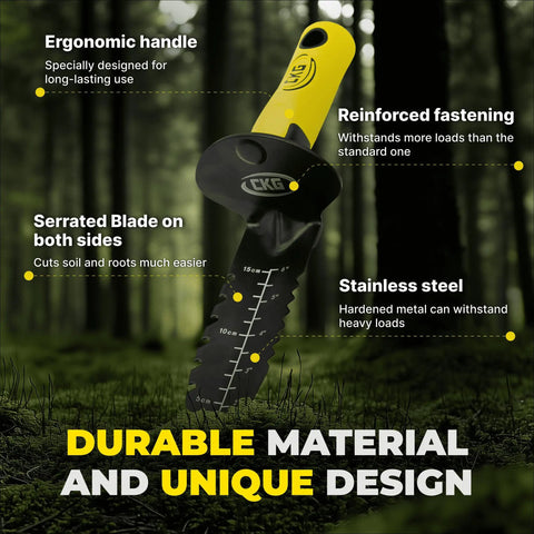 Carbon Steel Metal Detecting Shovel Set with Spade showing ergonomic handle and serrated blade for treasure hunting.