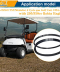 Starter Generator Belt And Clutch Drive Belt Kit For EZGO TXT Medalist 4 Cycle Gas Golf Cart 1994 To 2013 With 295cc And 350cc Robin Engine Replacement Belts 26414 G01 630587 72054 G01 72024 G01 72025 G01 displayed with a golf cart on grass