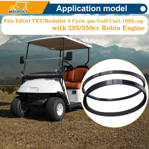 Starter Generator Belt And Clutch Drive Belt Kit For EZGO TXT Medalist 4 Cycle Gas Golf Cart 1994 To 2013 With 295cc And 350cc Robin Engine Replacement Belts 26414 G01 630587 72054 G01 72024 G01 72025 G01 displayed with a golf cart on grass