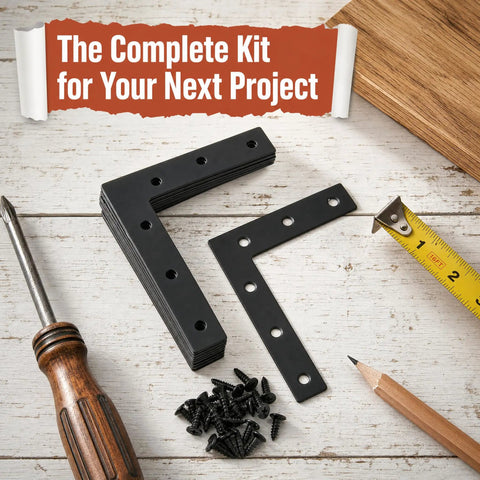 Flat Corner Braces For Wood Frames, 20 Piece Kit with L Brackets and Mending Plates on a table with screwdriver and screws