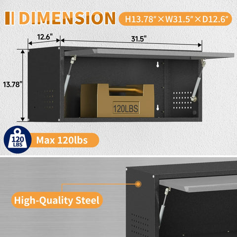 Up Flip Door Wall Mount Tool Cabinet With Pegboard, Built Tough Heavy Duty Steel Garage Storage Cabinet For Kitchen Workshop And Warehouse, Black And Gray, Smooth Hydraulic Lift, 90 Degree Open, Easy Access; 31.5W x 13.78H x 12.6D, 120 lbs
