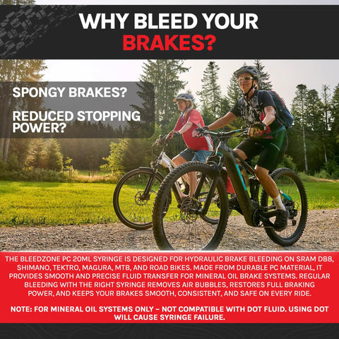 Two cyclists riding mountain bikes, illustrating the use of 2x 20ml Brake Bleed Syringes For Liquid Brake Fluid Pro Grade PC Mineral Hydraulic Bike Bleed Kit For MTB And Road Brakes Easy Precise DIY Ready Maintenance Tool For Bike Repairs.