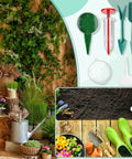 Seven Piece Mini Seed Spreader Set With Handy Handheld Seed Sower Dispensers Dibber And Widger Plus Clear Seed Storage Boxes And Plant Labels For Tiny Seeds Garden Tool Kit For Easy Sowing displayed with garden plants and tools.