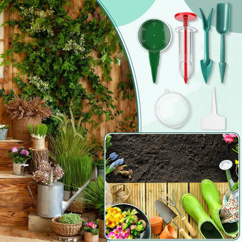 Seven Piece Mini Seed Spreader Set With Handy Handheld Seed Sower Dispensers Dibber And Widger Plus Clear Seed Storage Boxes And Plant Labels For Tiny Seeds Garden Tool Kit For Easy Sowing displayed with garden plants and tools.