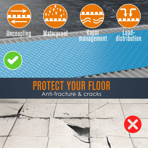 Solid Uncoupling Membrane Roll For Tile Underlayment Spanning 150 Square Feet showing waterproof blue layer over cracked tiles.