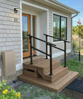 Heavy Duty 3 Step Outdoor Handrail 2 Pack Adjustable Metal Stair Railing Weather Tough Grippy Base, installed at entrance steps.