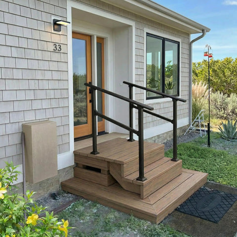 Heavy Duty 3 Step Outdoor Handrail 2 Pack Adjustable Metal Stair Railing Weather Tough Grippy Base, installed at entrance steps.