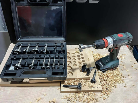 CORTOOL 16-piece Forstner bit set with hex-shank wood drill bits in a black plastic case