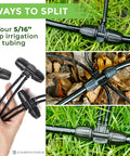 Drip Irrigation Fittings Kit 5/16 To 1/4 Inch Connectors Set showing 3-way splitter configurations in garden settings