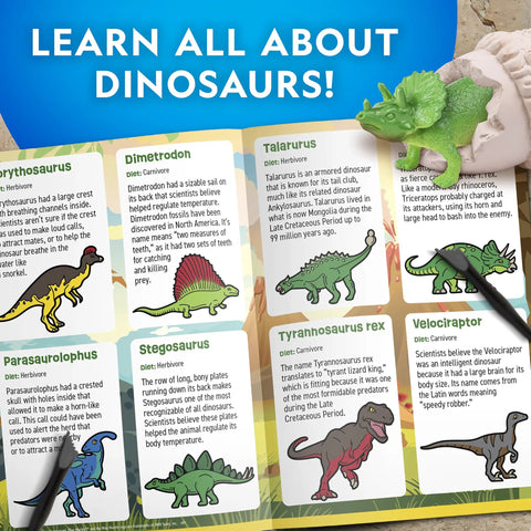 Open learning guide from Dino Dig Kit With 12 Dino Shaped Eggs Each Hiding A Figure And An Awesome Full Set Of Digging Tools