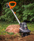 20V Cordless Garden Tiller Cultivator with 7.5 Inch Width, 6 Inch Depth, 4 Steel Tines in a garden setting
