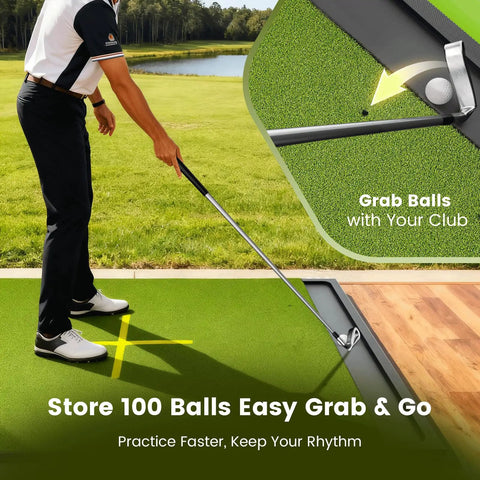 Golfer using 6x4ft Golf Hitting Mat With Built In Ball Tray, 26mm Thick with alignment guides on driving range grass.