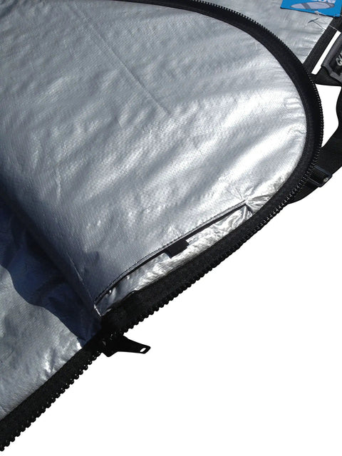 Open view of Boosted 20mm Foam Nose And Tail Protection Foil Bag For Wing Foil And SUP Boards Travel Ready Case showing zipper closure