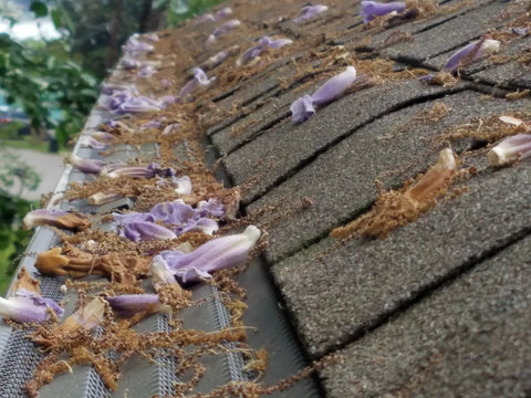 Hoover Dam Gutter Guard For 4, 5, And 6 Inch K Style Gutters Snap In Locking Design That Blocks Leaves Debris And Gunk While Keeping Heavy Rain Flowing Freely Dark Gray 10 Count on roof with debris and flowers.