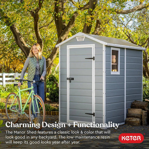Woman with bike in front of 4x6 Resin Outdoor Storage Shed Kit Built Tough For Patio Furniture Garden Tools Bikes Beach Chairs And Lawn Mowers Gray And White Weather Resistant Easy Assembly With Durable Resin Construction