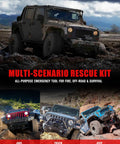 Off-road vehicles in muddy terrain showcasing multi-scenario rescue kit tools for fire, off-road, and survival use.